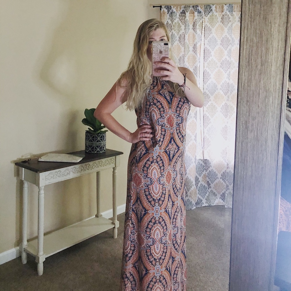 Boho Maxi Dress High Neck Orange Navy Extra Small